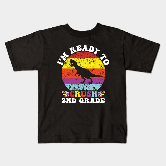 funny groovy back to school 2nd grade teacher , dinosaur Kids T-Shirt by KRMOSH